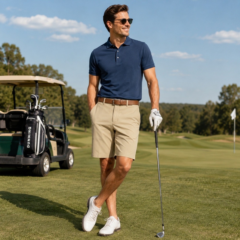Dunning Mens Golf Shorts Sz 34 Khaki Beige Performance Stretch Flat Front Casual